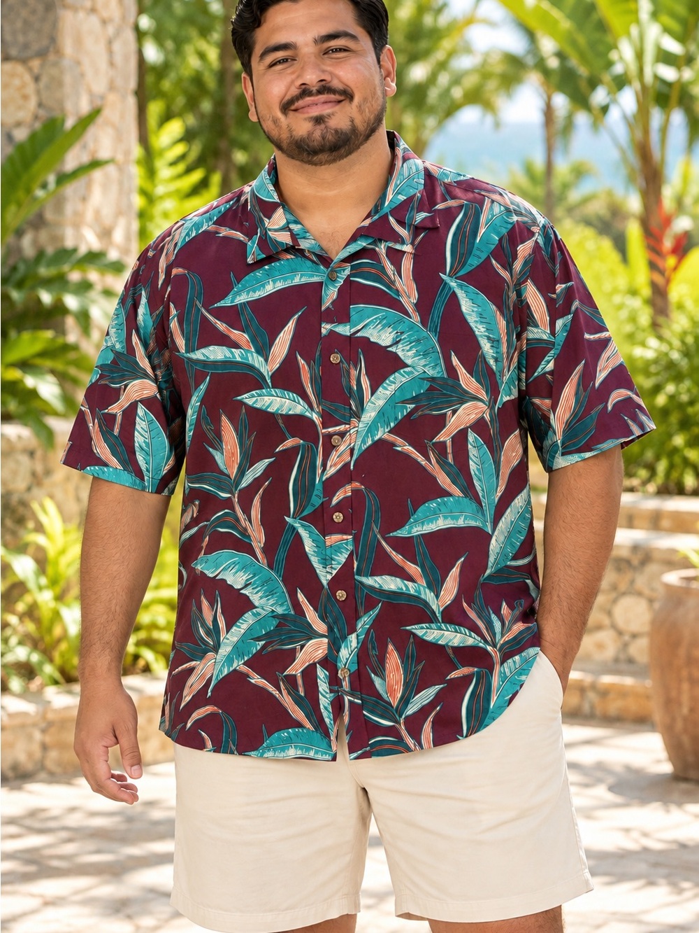 Cooke Street Men's Burgundy Tropical Print Short Sleeve Shirt - XXL